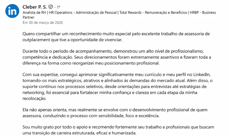 Depoimento de Cleber P. S. no LinkedIn