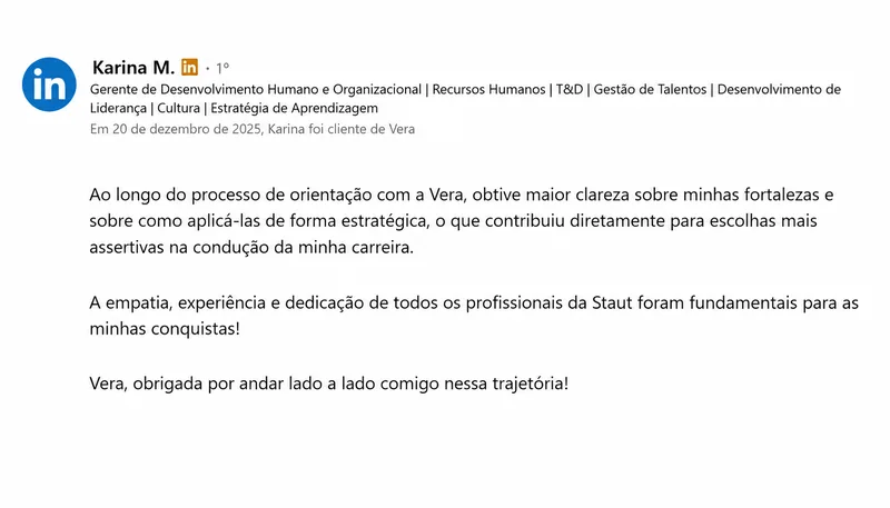 Depoimento de Karina M. no LinkedIn